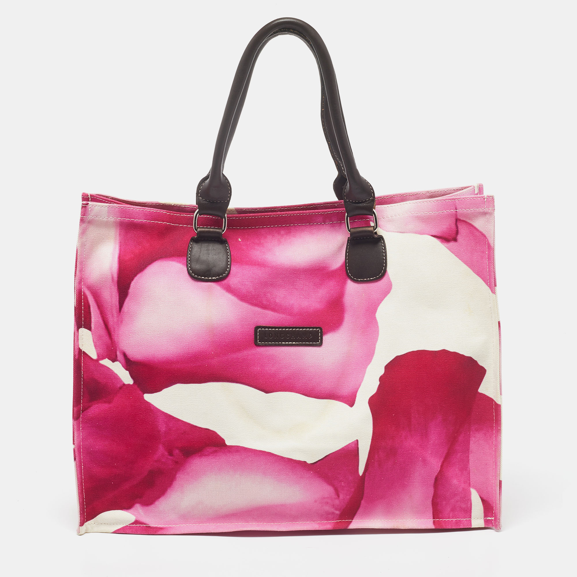 Longchamp Pink/White Floral Print Canvas And Leather Shopper Tote